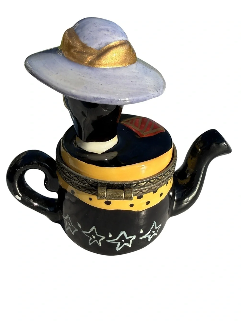 Vintage Art Deco Lady Teapot Trinket Box Ceramic Hinged Jewelry Keepsake Vanity